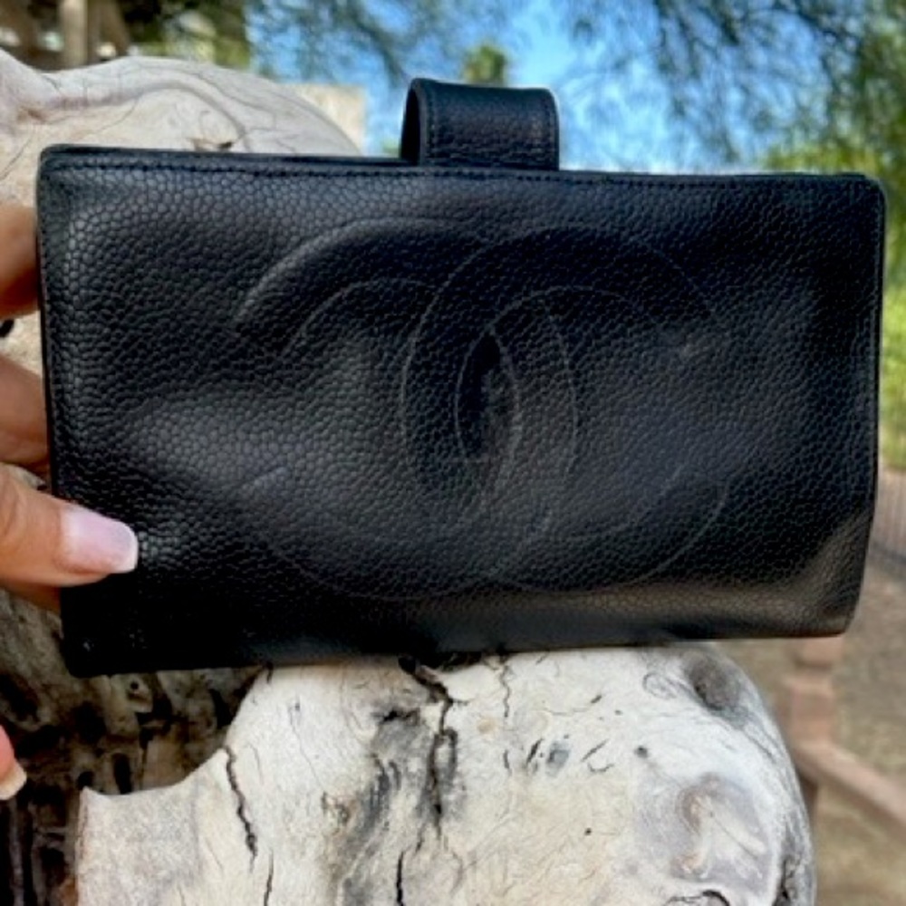 Authentic black Chanel caviar leather long wallet